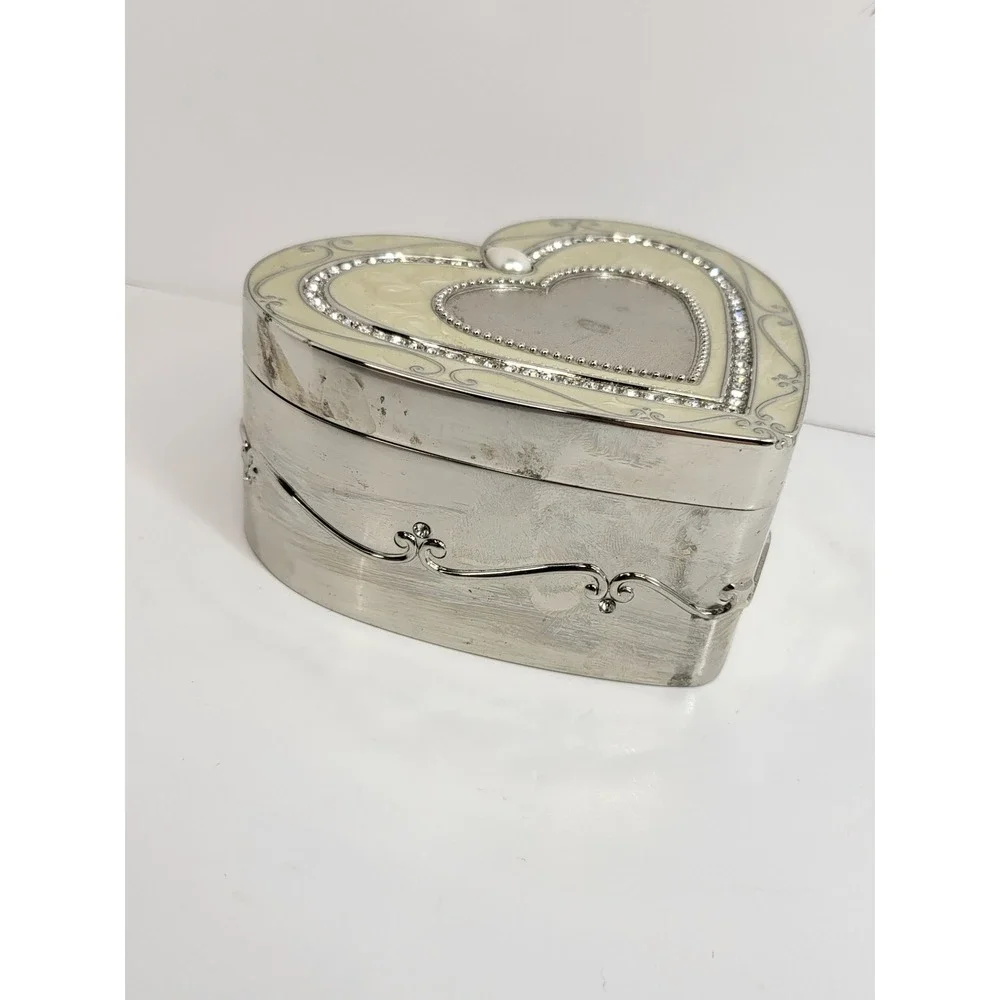 Things Remembered Heart Jewelry Box Silver Tone Rhinestone Enamel Photo Lid